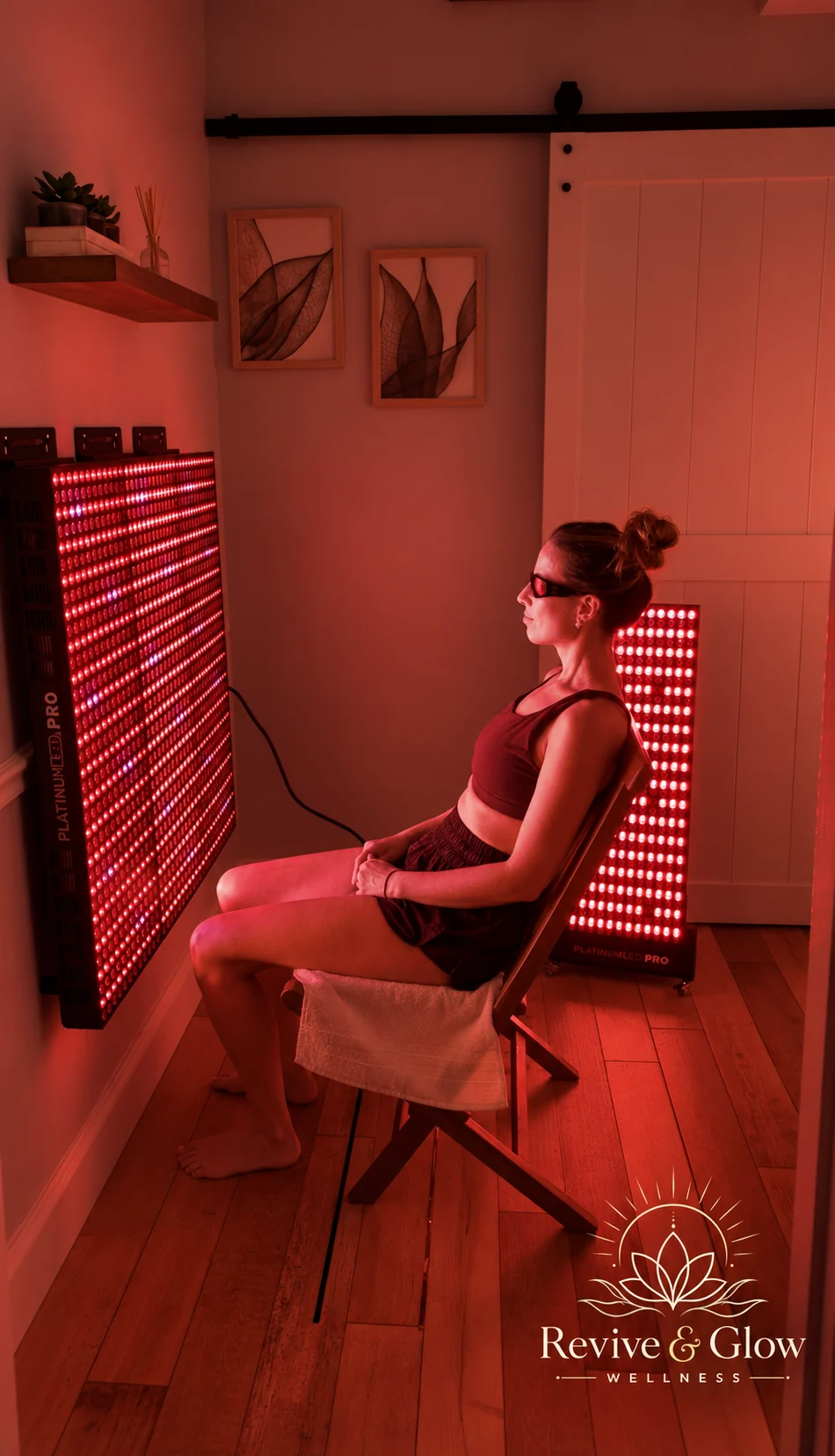 A guest facing the light therapy panels at Revive & Glow