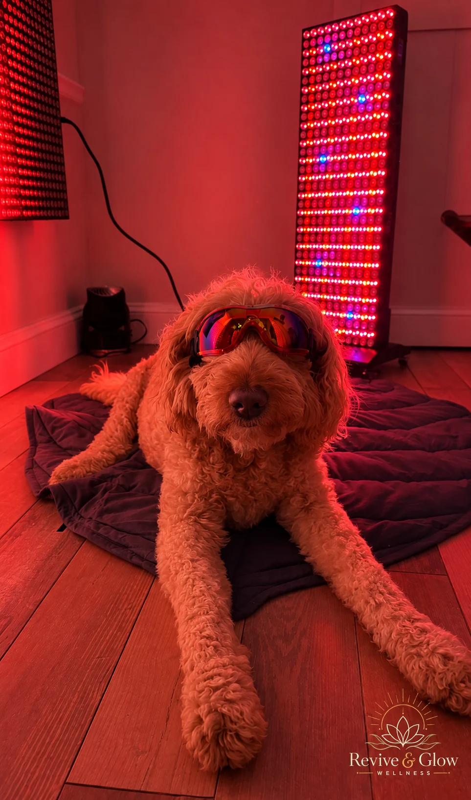 A dog wearing protective eyewear during a Pet Red Light Therapy session