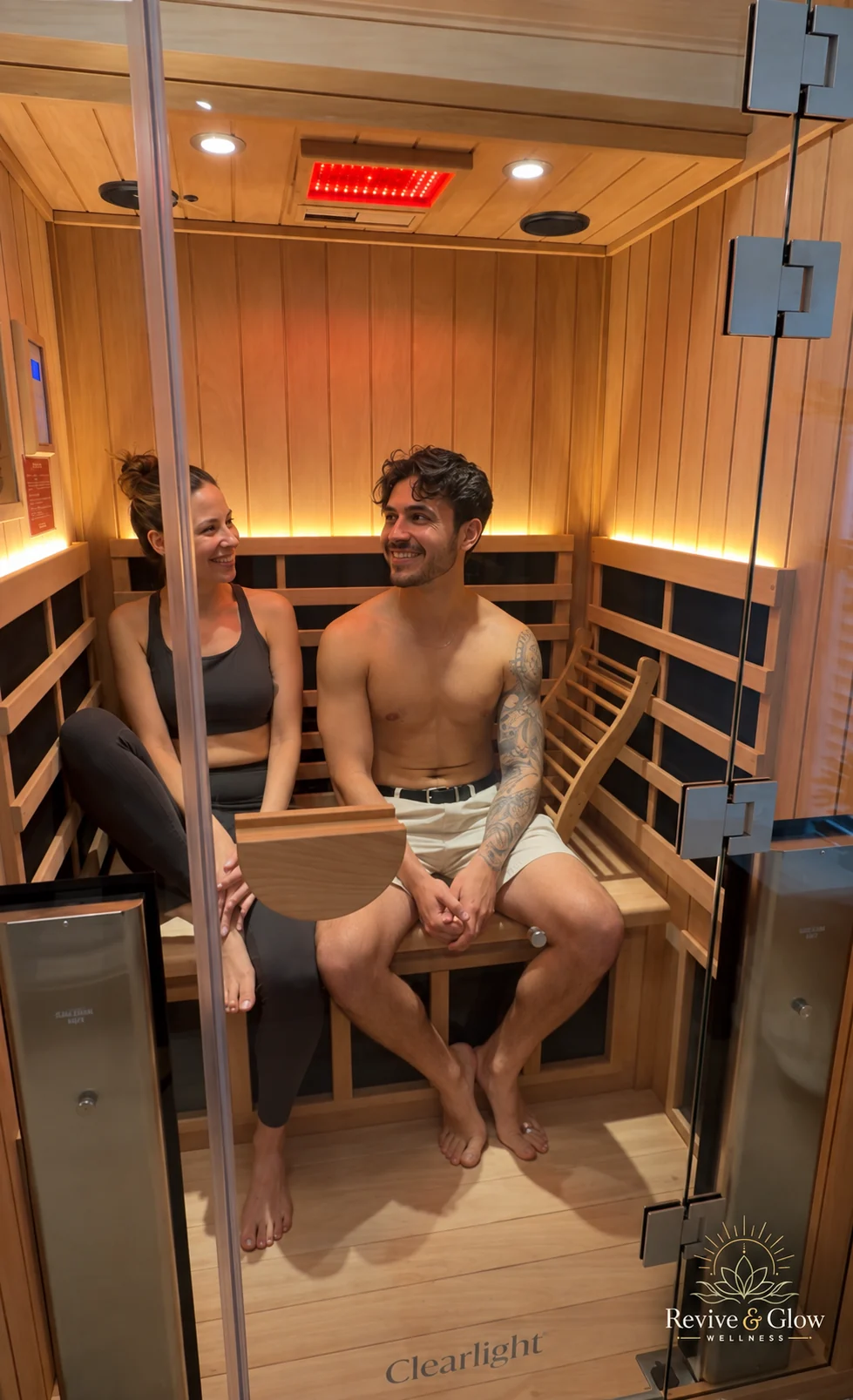 A couple holding hands during a sauna visit at Revive & Glow