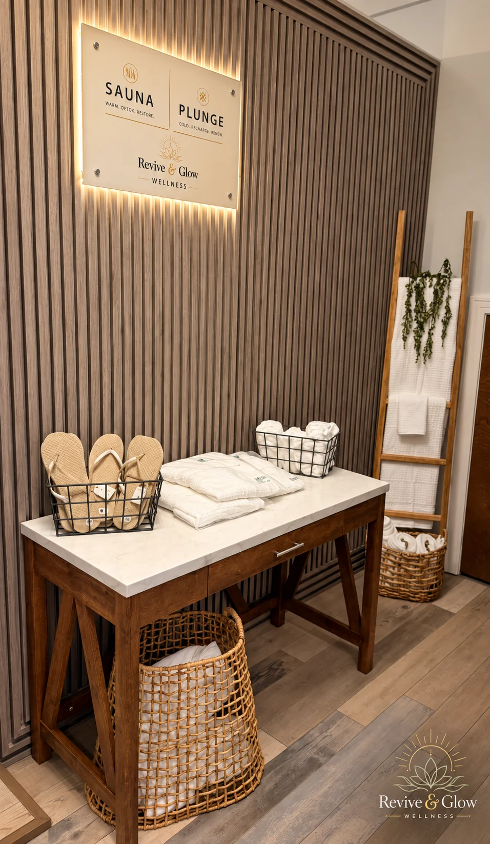 Ready for your visit. Towels and the details in our sauna and plunge area.
