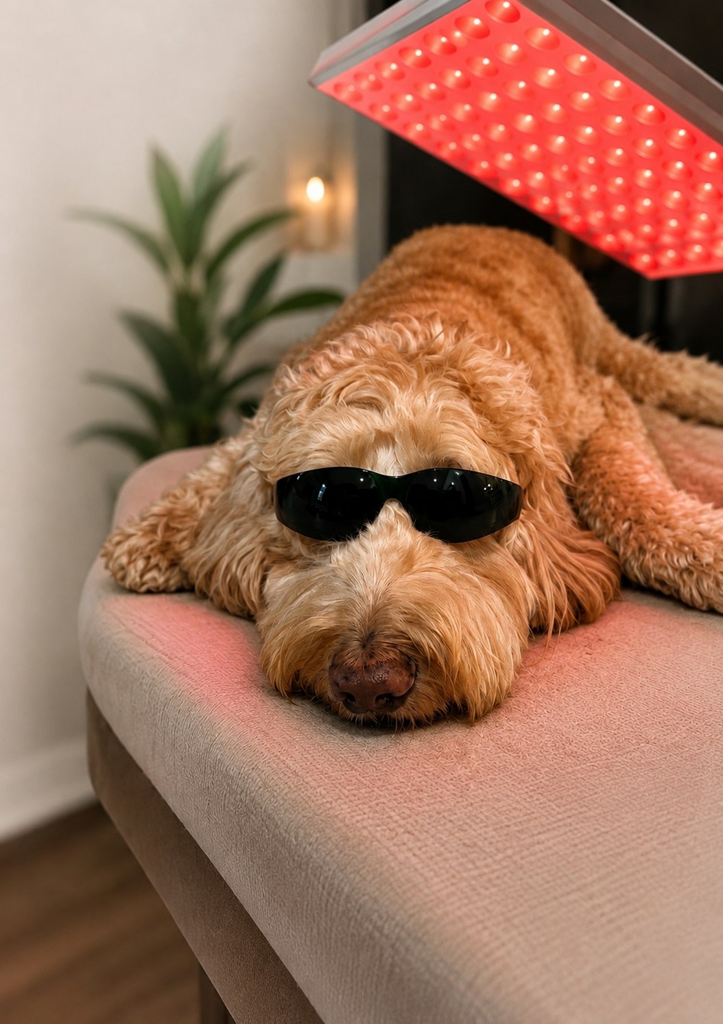 Milo relaxing during red light therapy