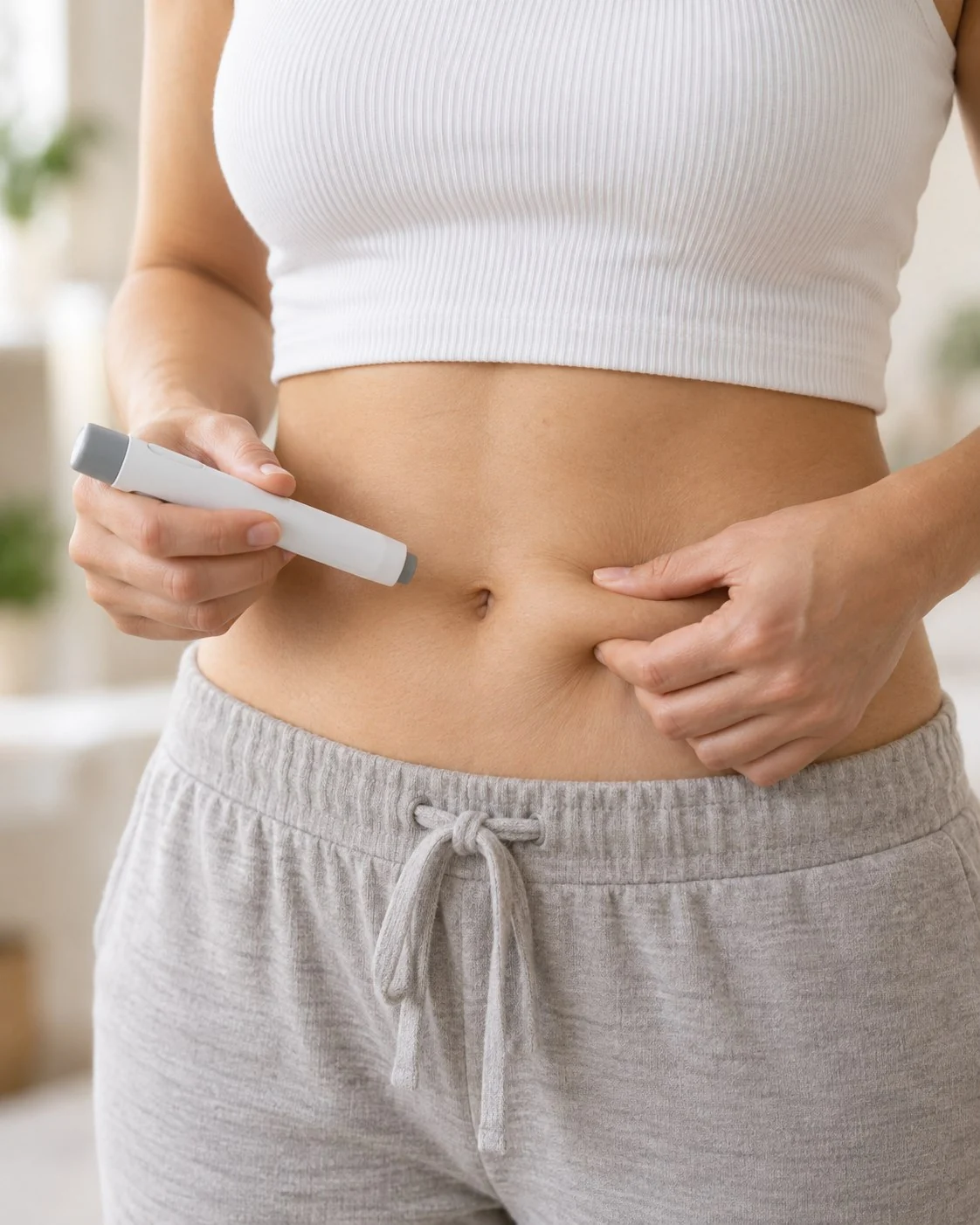 Woman holding an injection pen near her abdomen